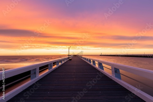 Scenic view of a dock illuminated by a setting sun  with a bridge in the background