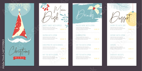 Restaurant Christmas holiday menu design with christmas desoration. Vector illustration