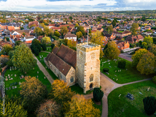 St Marys Church, Thatcham in Autumnal Colours Aerial view, UK photo