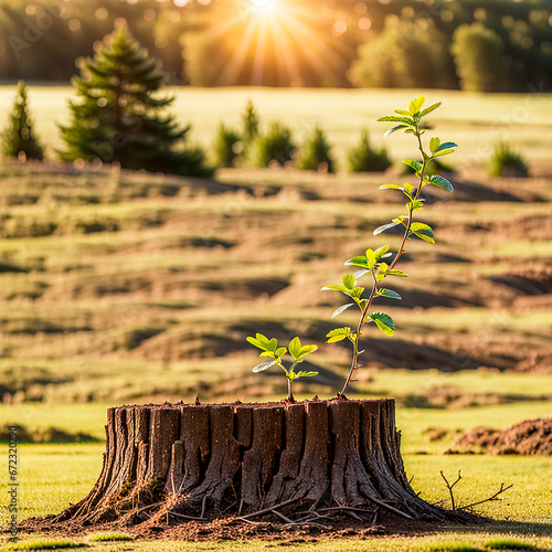 A young tree grows from an old stump. Gnerative AI art photo