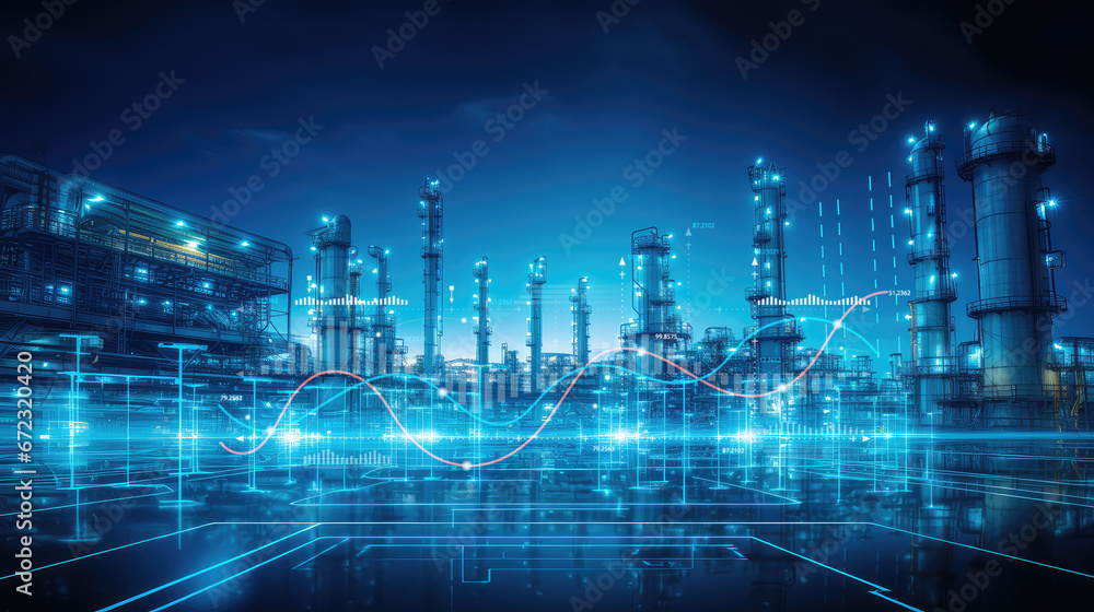 Fototapeta premium Petrochemical factory equipped with storage tanks, the backbone of energy infrastructure. Industrial technology in energy production and oil demand price chart concepts. Wide banner with copy space.