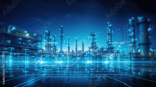 Petrochemical factory equipped with storage tanks, the backbone of energy infrastructure. Industrial technology in energy production and oil demand price chart concepts. Wide banner with copy space. photo
