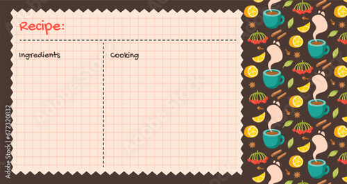 Recipe cards. Culinary book blank pages. pattern with hot drink lemons and spices.