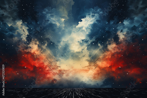 Cosmic cloudscape with vivid red and blue over dark road