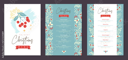 Restaurant Christmas holiday menu design with christmas floral  desoration. Vector illustration