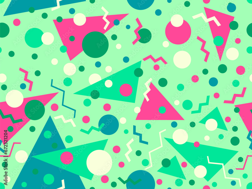 Geometric seamless pattern with memphis elements in 80s style. Colorful geometric pattern. Design of promotional products, wrapping paper and printing. Vector illustration Geometric seamless pattern with memphis elements in 80s style. Colorful geometric pattern. Design of promotional products, wrapping paper and printing. Vector illustration