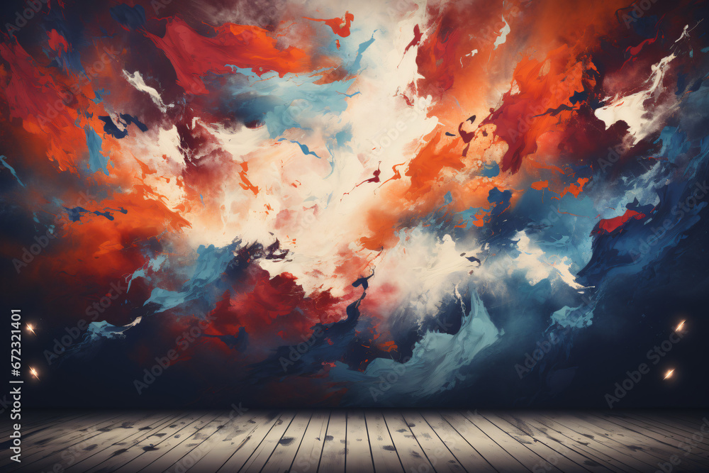Vivid cloud formation over a wooden stage suggesting a cosmic theatrical display
 - obrazy, fototapety, plakaty 