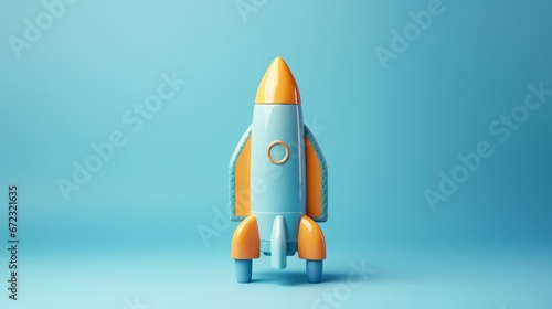 Cute rocket toy is taking off against a copied space backdrop of blue.