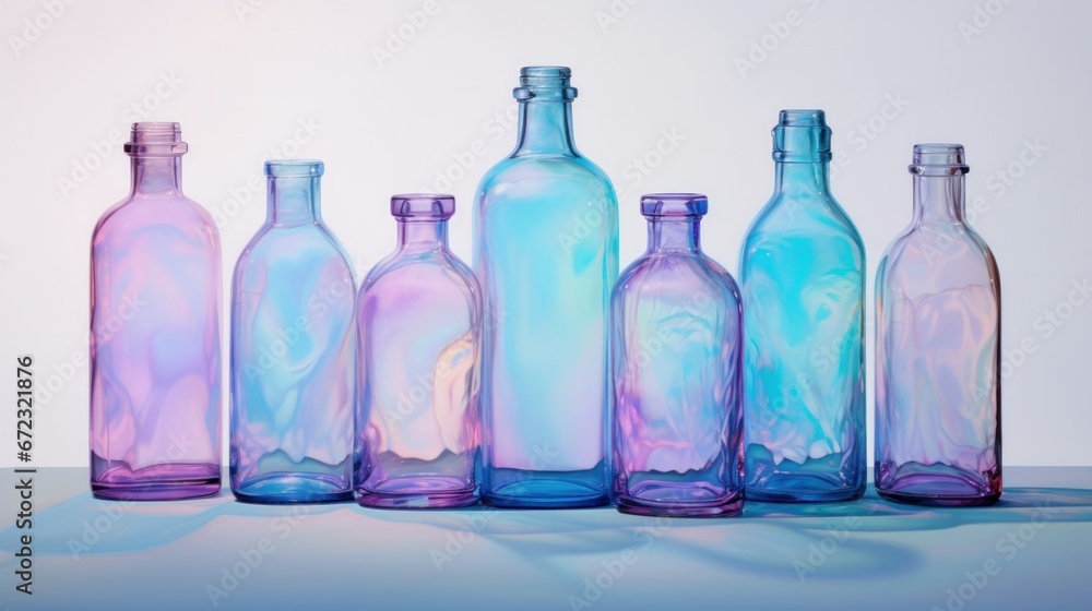 Water bottles with purple and blue pastels.