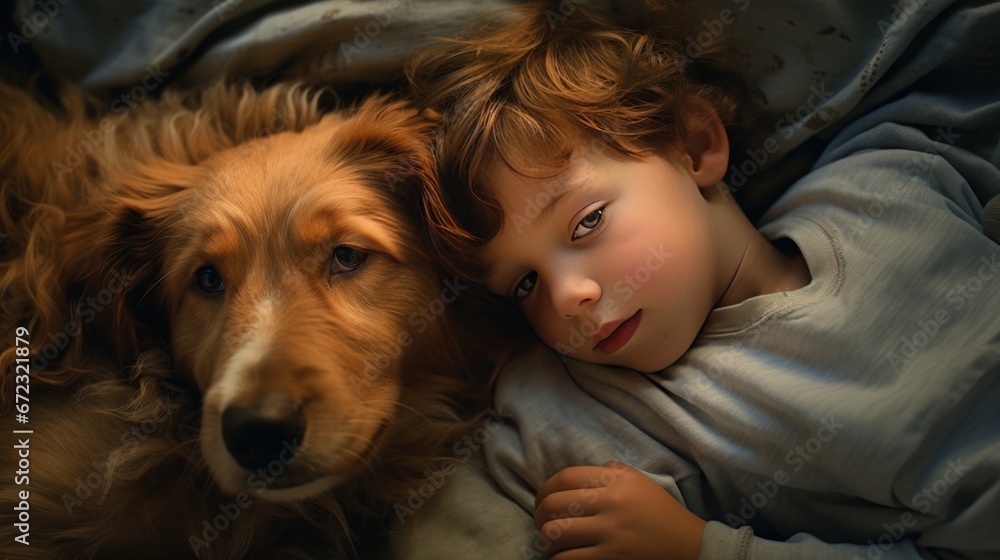 Boy and his dog snuggling together on a blanket on the floor