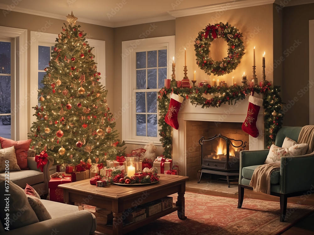 a cozy living room beautifully decorated for Christmas
