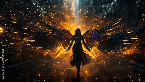AI generated illustration of an angelic figure illuminated in the dark by flaming light