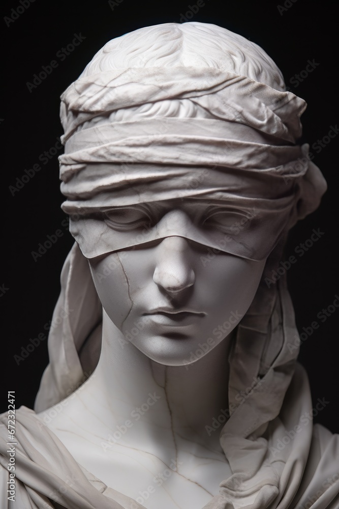 close-up picture. An antique marble bust statue depicting a blindfolded woman from the Roman Empire. alone against a gray backdrop.