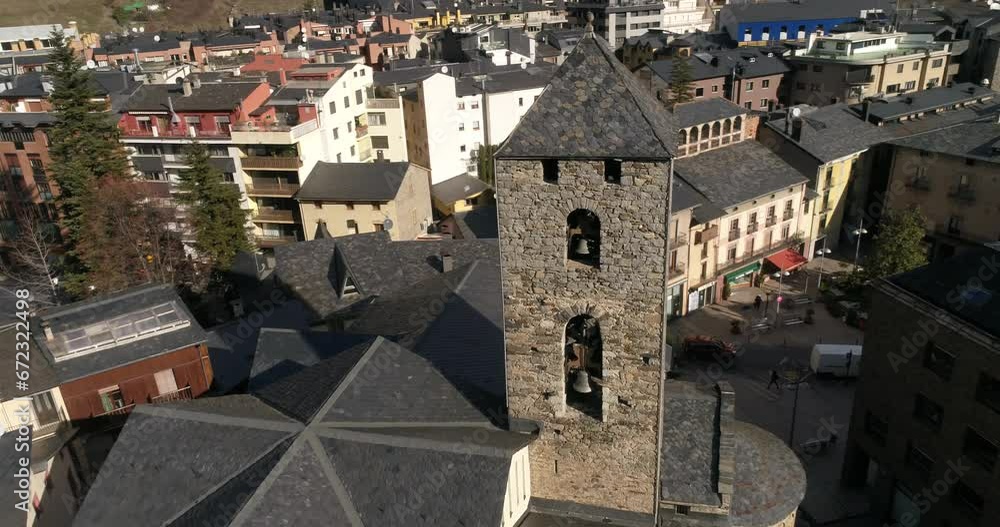 Andorra La Vella, Andorra. Winter. Church Of Saint Esteve. Aerial. the Pyrenees mountains between France and Spain. Andorra La Vella, Andorra. Winter. Church Of Saint Esteve. Aerial. the Pyrenees mountains between France and Spain.