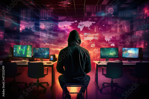 The dark side of the digital world with a silhouette of a hacker in a hoodie against a backdrop of digital data. This image conveys the concept of cybersecurity and online protection.