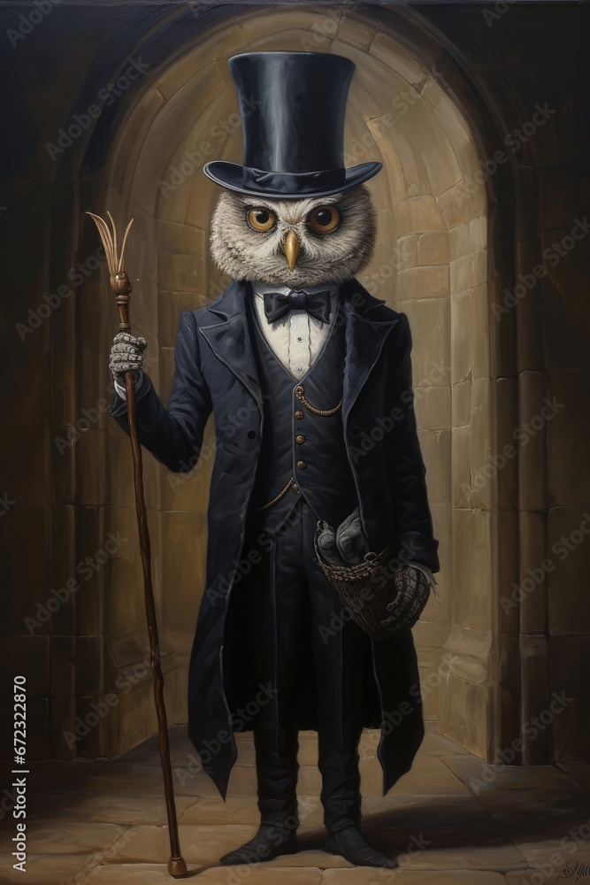 Owl, Portrait, Castle, 1800, Lord, Noble, Aristocratic, Dressed, Ironic, 3D. SIR OWL IN HIS CASTLE. Inseparable walking stick. Basket with mysterious contents in a dungeon of his labyrintine castle