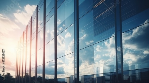 Modern office building or business center. High-rise window buildings made of glass reflect the clouds and the sunlight. empty street outside  wall modernity civilization. growing up business