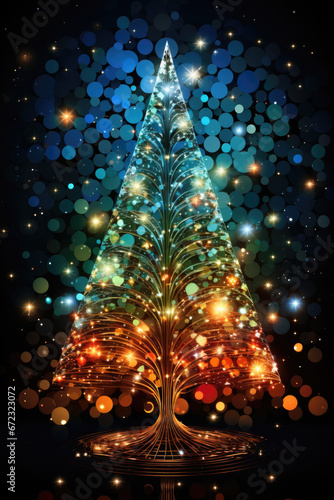 Wonderful christmas tree with christmas lights, glass mosaic style, shiny, black background