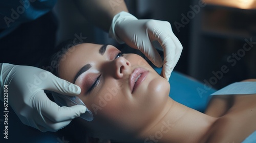 plastic surgery  beauty  Surgeon or beautician touching woman face  surgical procedure that involve altering shape of nose  doctor examines patient nose before rhinoplasty  medical assistance  health