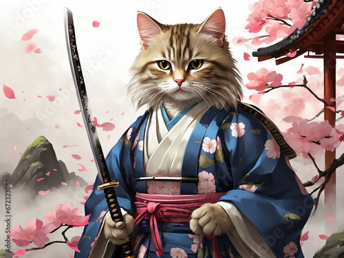 a heroic and cute cat samurai stands as the guardian of a shogun, showcasing unmatched bravery and valor.
