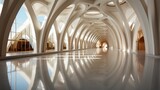 A mesmerizing arcade of architectural perfection, with symmetrical arches reflecting the artful play of light on the water-like floor and ceiling of this indoor oasis