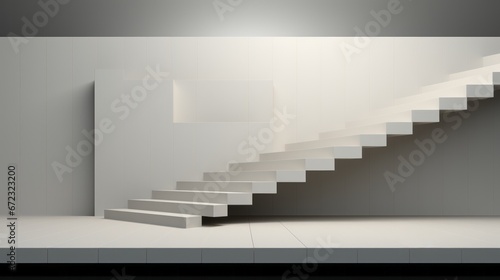 A stark white staircase rises gracefully against the blank canvas of a minimalist building  its sleek handrail an artistic touch in this modern indoor design