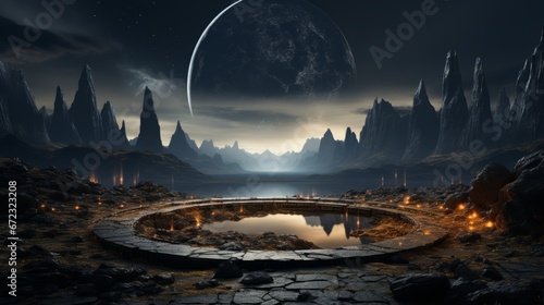 Under a starlit sky, nestled in the rugged terrain, a tranquil circular pool reflects the majestic mountains and the glow of the moon, creating a mystical and serene outdoor oasis photo