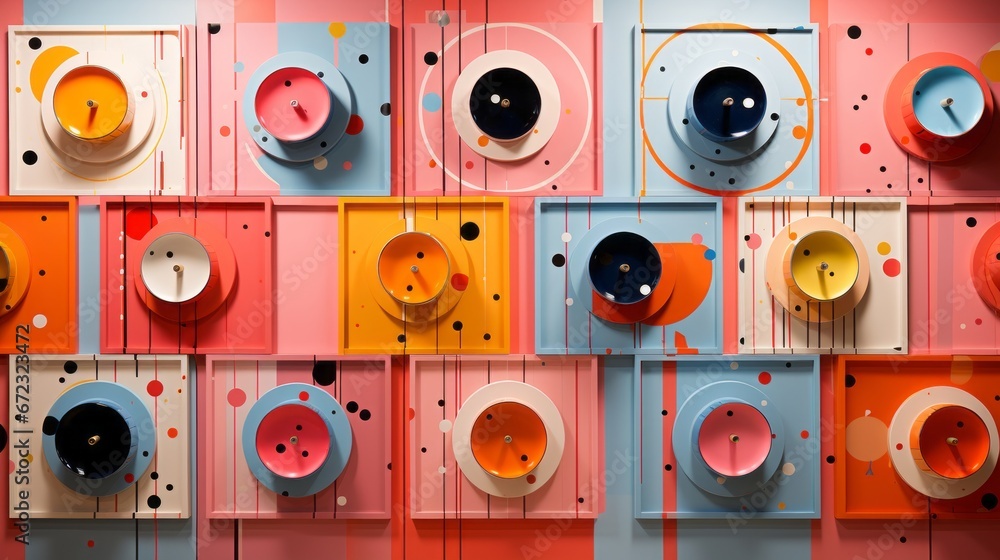 Fototapeta premium A vibrant wall adorned with a playful array of orange and red circles and dots, exuding a sense of whimsy and energy