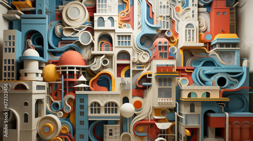 Vibrant paper cityscape crafted with artistic precision, reminiscent of a playful lego world brought to life through bold brushstrokes and a mix of painted hues