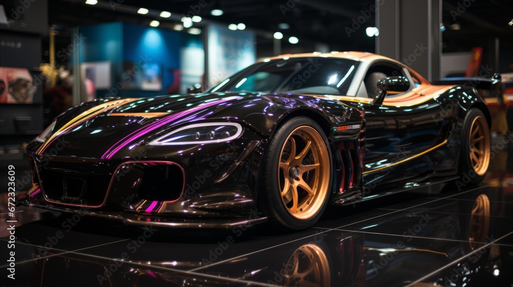 A sleek black and gold supercar glides through an indoor track, its wheels spinning with ferocious speed, exuding a powerful and luxurious aura that captivates all who lay eyes on it