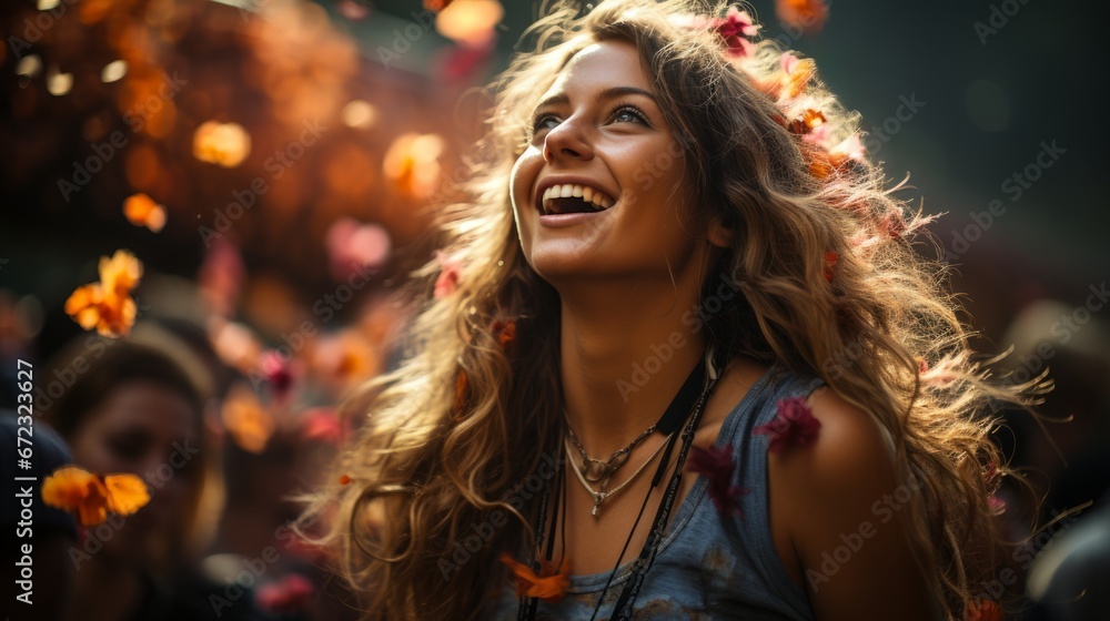 A free-spirited woman adorned in floral and vibrant clothing, exuding joy and radiance at a festival on the bustling streets
