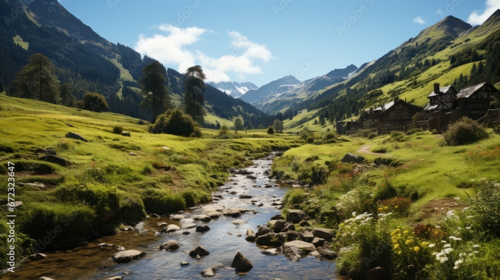 A tranquil river winds through a rugged valley, surrounded by towering mountains and lush vegetation, under a vast sky filled with fluffy clouds