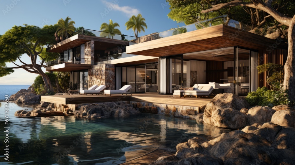 Amidst the tropical oasis of palm trees and crystal blue waters, a majestic house stands proudly, inviting guests to indulge in a luxurious outdoor escape at this beach resort hotel Amidst the tropical oasis of palm trees and crystal blue waters, a majestic house stands proudly, inviting guests to indulge in a luxurious outdoor escape at this beach resort hotel