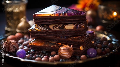 Indulge in a decadent moment of pure bliss as a towering display of chocolate squares, adorned with flickering candles and nestled atop a perfectly decorated table