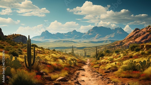 A winding dirt road leads through the expansive desert landscape, framed by billowing clouds and towering mountains, as shrubs and grasses dot the rugged terrain of the chaparral wilderness photo