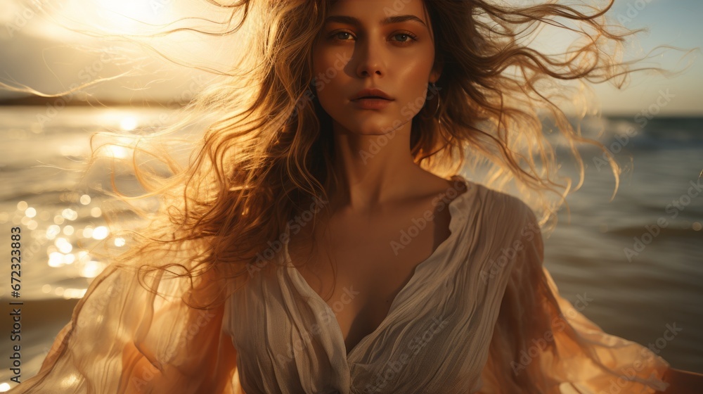 A sun-kissed model lady, draped in a flowing white dress, stands by the water's edge, her long hair dancing in the wind as the fiery sunset illuminates her fierce fashion sense