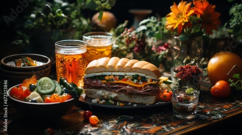 Indulge in a decadent feast of savory flavors as you bite into a juicy hamburger sandwich nestled between slices of fresh bread, while sipping on a cold bowl of beer