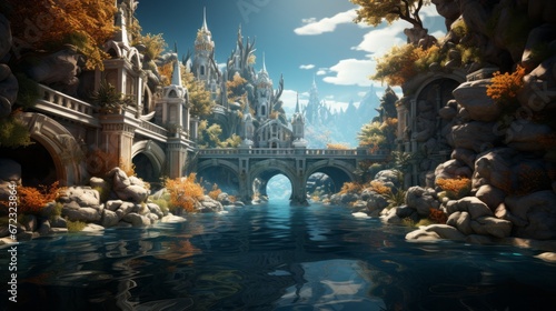 A majestic castle stands tall over a glistening river, its bridge connecting the outdoor world to the painted city in the sky