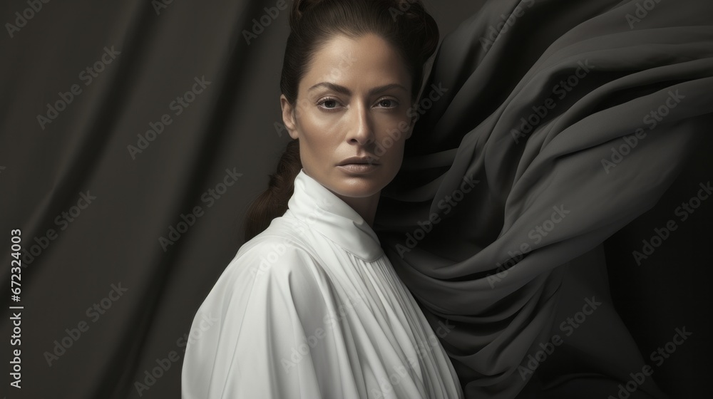 A fierce fashionista donning a crisp white shirt, exuding confidence and style in an indoor portrait that captures the essence of this captivating woman
