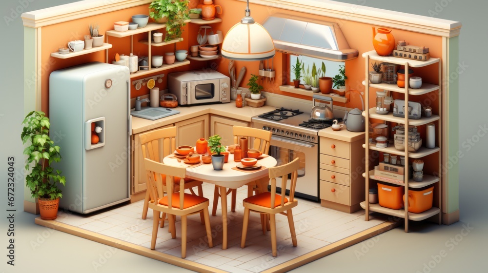 Step into miniature world of domestic bliss as you take in intricate cabinetry, cozy furniture, and stylish decor of this indoor kitchen complete with table, fridge, and all necessary appliances