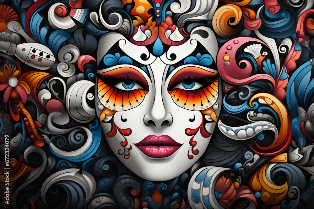 Whimsical face artwork with vibrant hues and swirling patterns