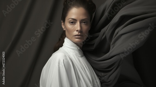 Obraz na płótnie A fierce fashionista donning a crisp white shirt, exuding confidence and style in an indoor portrait that captures the essence of this captivating woman w salonie