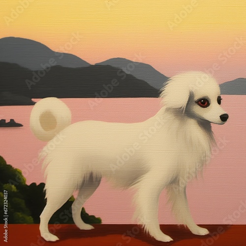 Painting, Oil canvas portrait, Dog, White, Sunset, Dawn, Coastal panorama. WHITE DOG AT SUNSET. Coast and sea at sunset. Female pet with rounded tail in the foreground. Sea colored pink by sunset.​ photo
