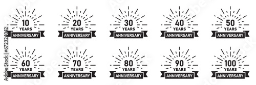 Set of anniversary logotypes. Birthday label with 10, 20, 30, 40, 50, 60, 70, 80, 90, 100 year and ribbon. Anniversary icons numbers. Vector. photo
