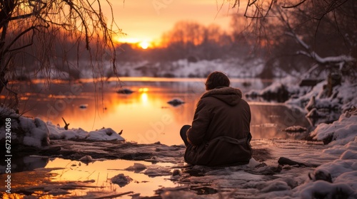 A lone figure embraces the beauty of a wintry landscape  gazing at the fiery sky as the serene waters reflect the fading light of the setting sun