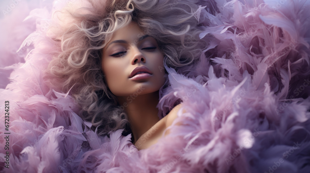 A fashion-forward woman adorned in a feathered dress and scarf exudes elegance and grace as her flowing hair frames her face, embodying the perfect blend of boldness and delicacy A fashion-forward woman adorned in a feathered dress and scarf exudes elegance and grace as her flowing hair frames her face, embodying the perfect blend of boldness and delicacy