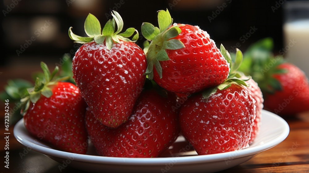 Amidst a vibrant indoor setting, luscious plate of succulent strawberries beckons with its bursting sweetness, while juicy red berries sit atop table, embodying the power of nature's superfood Amidst a vibrant indoor setting, luscious plate of succulent strawberries beckons with its bursting sweetness, while juicy red berries sit atop table, embodying the power of nature's superfood