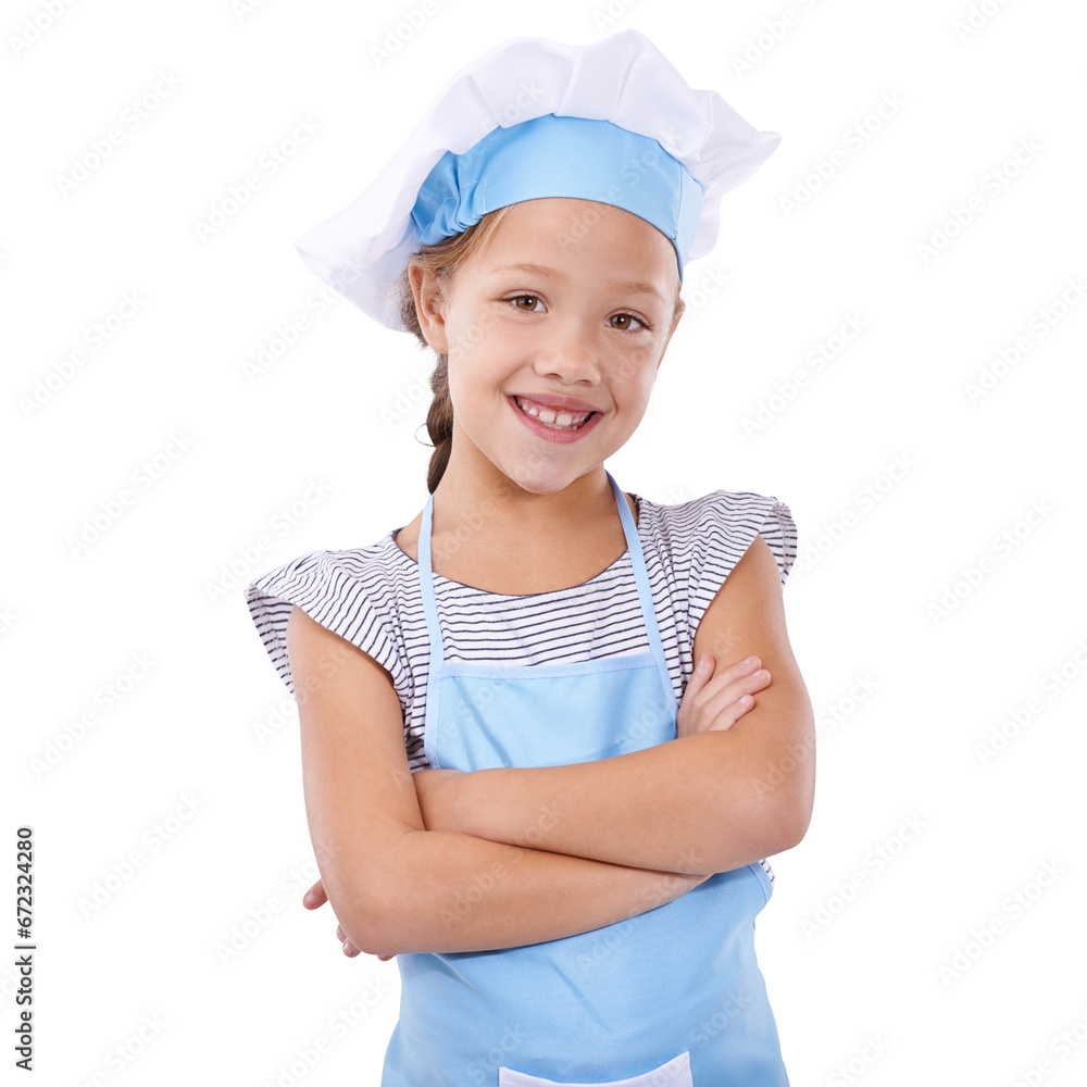 Girl, smile and chef pride in portrait, confidence and childhood or imagination. Happy female child, learning and development in nutrition, play and fun or isolated on transparent png background Girl, smile and chef pride in portrait, confidence and childhood or imagination. Happy female child, learning and development in nutrition, play and fun or isolated on transparent png background
