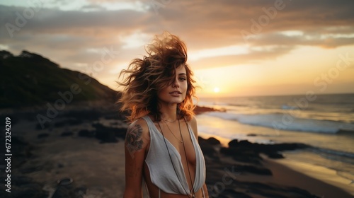 A mesmerizing woman stands on the sandy beach, her vibrant clothing blending with the warm sunset sky as she gazes out at the vast ocean, lost in the beauty of nature's wild embrace