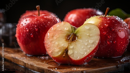 Juicy and refreshing, a vibrant red mcintosh apple sits atop a rustic wooden table, its glistening water droplets a symbol of nature's nourishing superfood photo